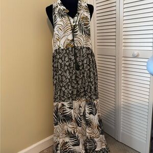 V-Neck Olive and White Printed Maxi Dress with Tassel Tie